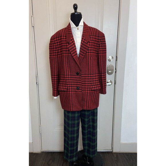 VTG LINDA ALLARD FOR ELLEN TRACY WOOL BLAZER JACKET  RED BLACK PLAID SIZE 14 - Picture 1 of 15